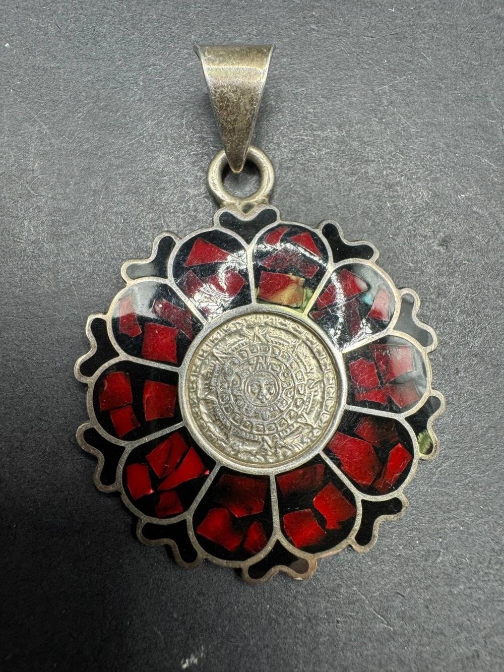 Vintage 925 Sterling Silver Aztec Calendar Pendant Red Black Stone Inlay